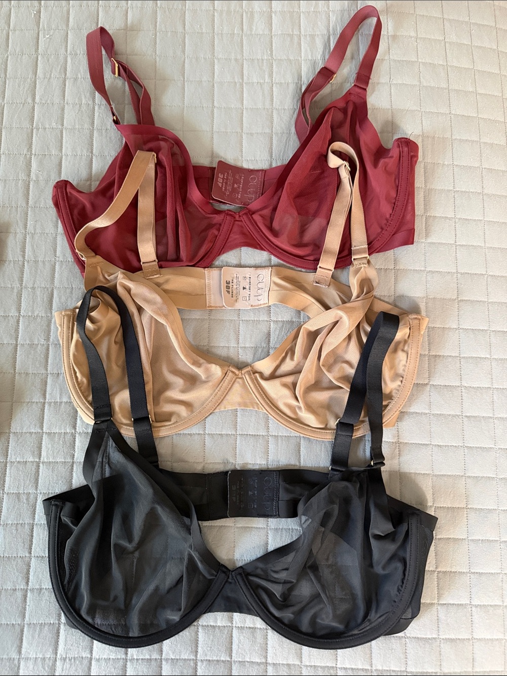 CUUP Sheer Underwire Bra Trio in Rose, Nude, and Black